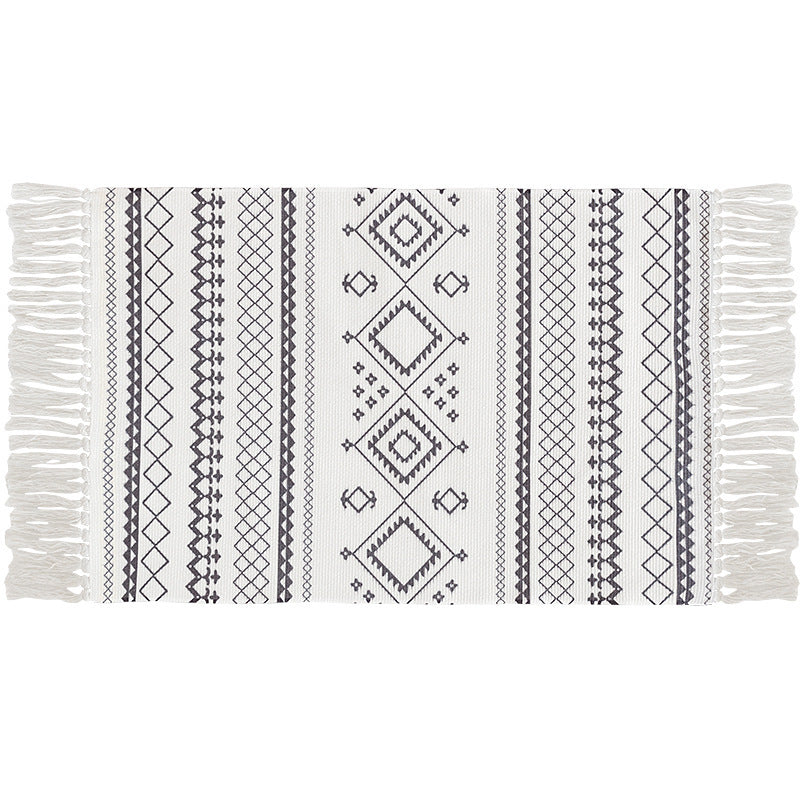 Flat-woven cotton carpet runner with ethnic diamond pattern and decorative fringes Kalsten