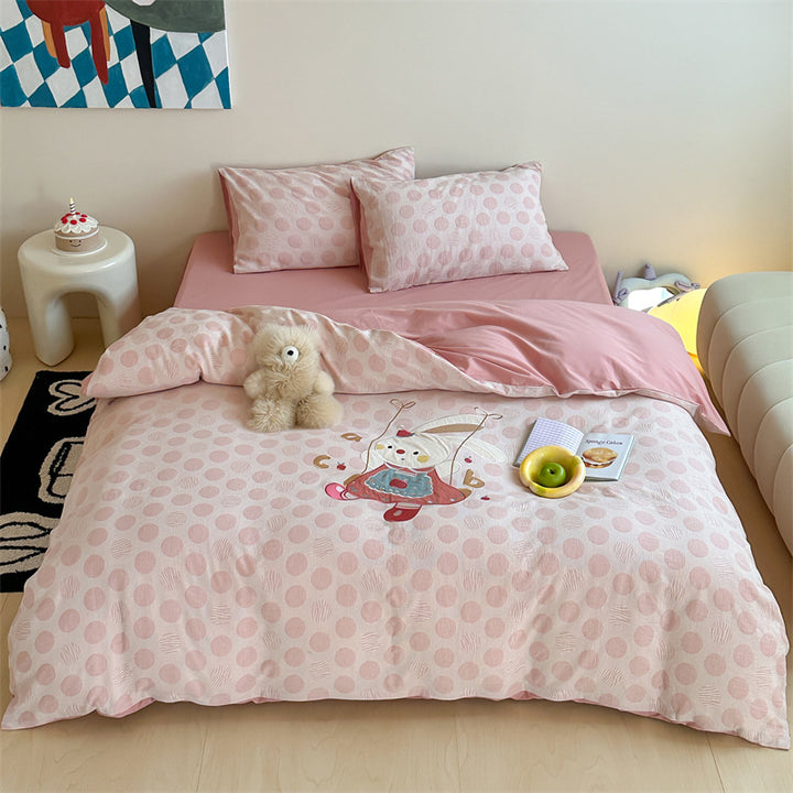 Cotton bed linen set with bunny appliqué and subtle dot jacquard