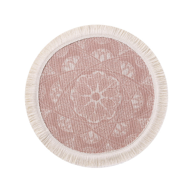 Round woven table placemat with fringe edge and mandala jacquard