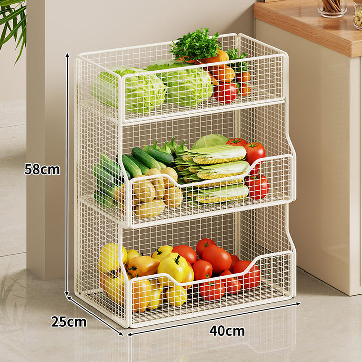 Two Tier Wire Mesh Kitchen Produce Storage Rack with Slide Out Lower Basket