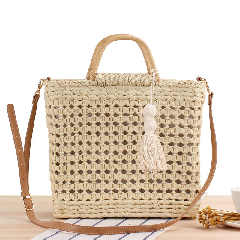 Soft and Stylish Straw Shoulder Bag with Removable Tassel Detail Kalsten