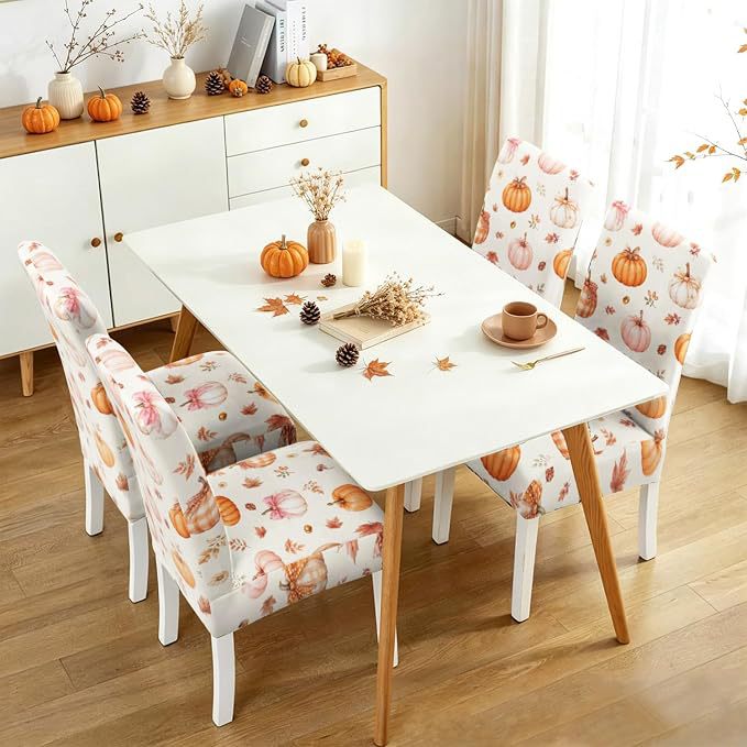 Stretch chair cover with autumn pumpkin and leaf motif