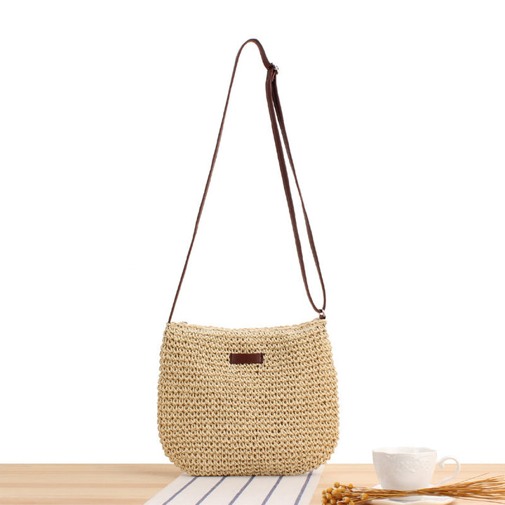 Woven Natural Material Shoulder Bag with Removable Leather Strap Kalsten