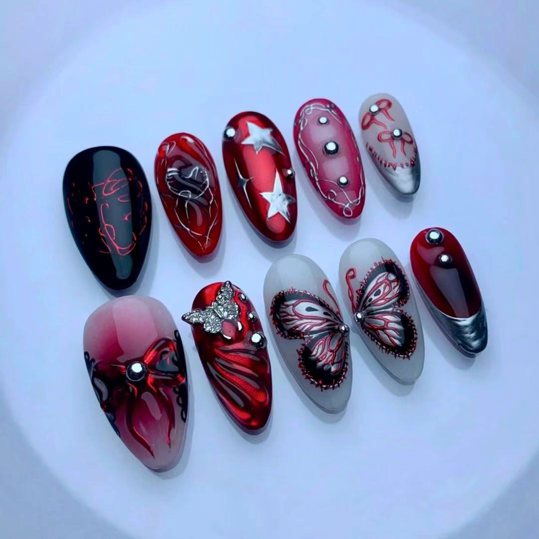 Artistic Press-On Nail Set with Butterfly and Star Details Kalsten