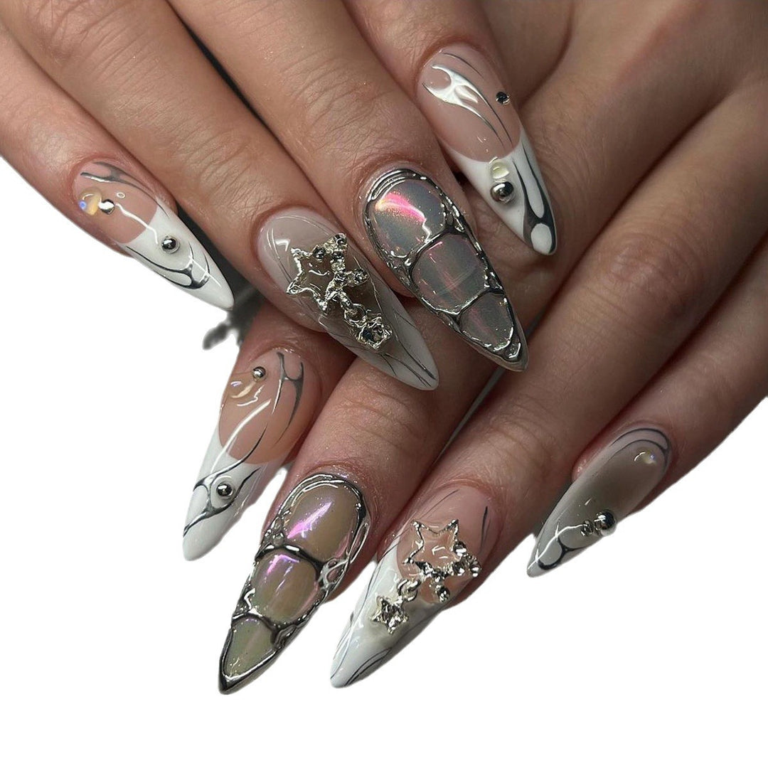Artistic Stiletto Nail Extensions with Metallic Accents Kalsten