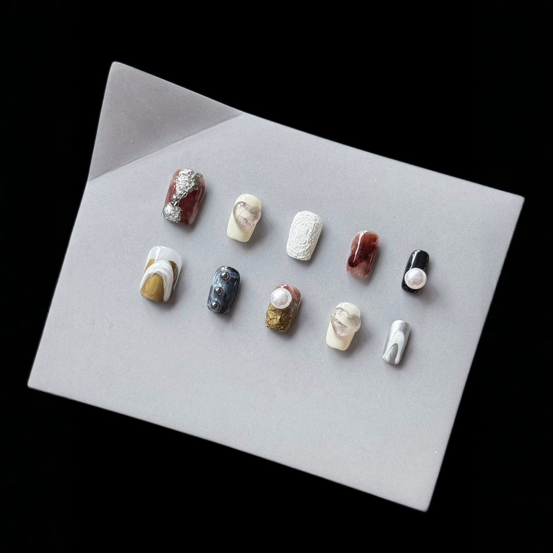 Artistic Press-On Nail Set with Unique Abstract Designs  1791774457