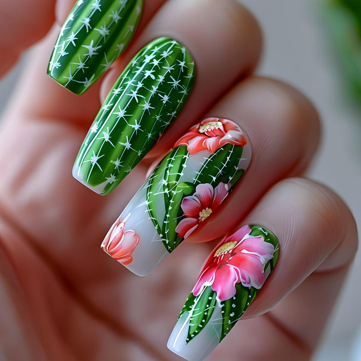 Artificial nails with blooming cactus design Kalsten