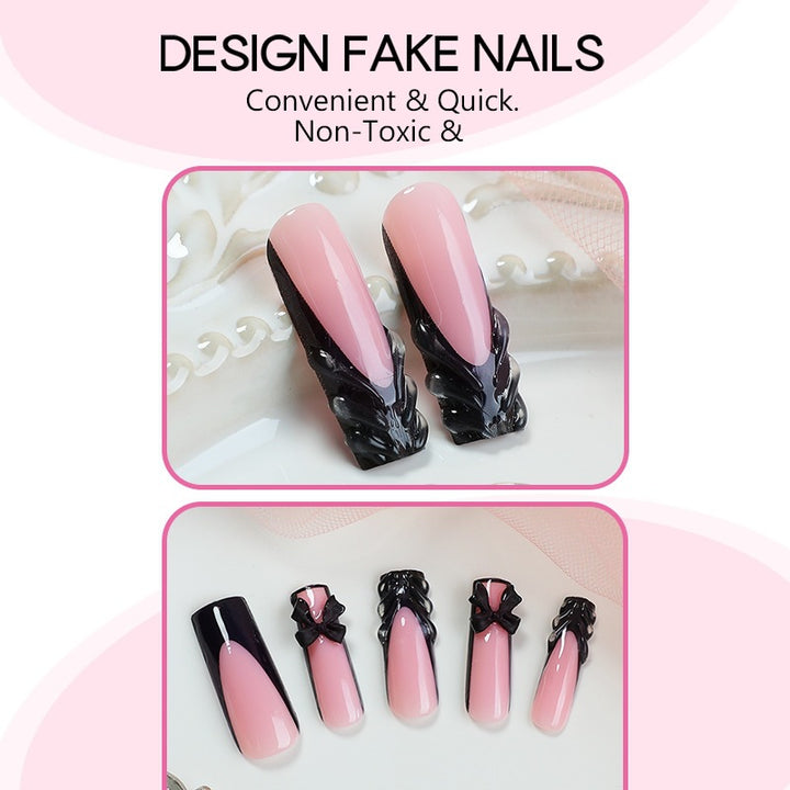 Artificial nail set with stylish black and pink designs Kalsten