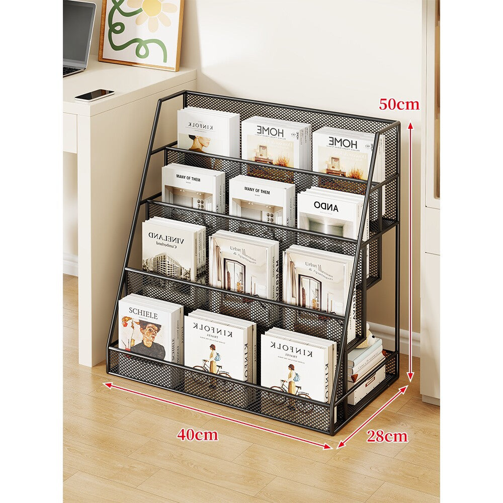 Angled Mesh Rolling Magazine and Book Display Shelf with Locking Casters