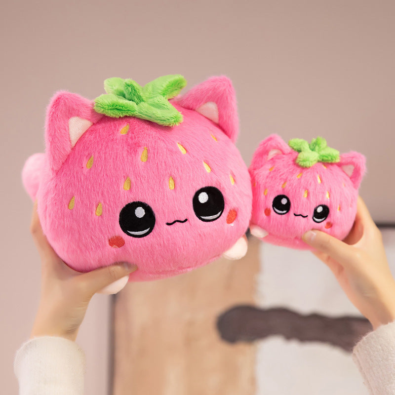Round Strawberry Cat Plush Cushion with Embroidered Face Leaf Top & Soft Bean-Fill Kalsten