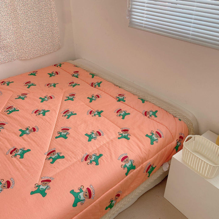 Cozy baby quilt with minky fleece border and cute rabbit print