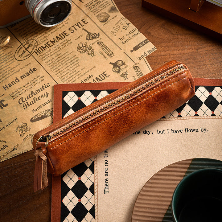 Vintage Leather Zip Pencil Case