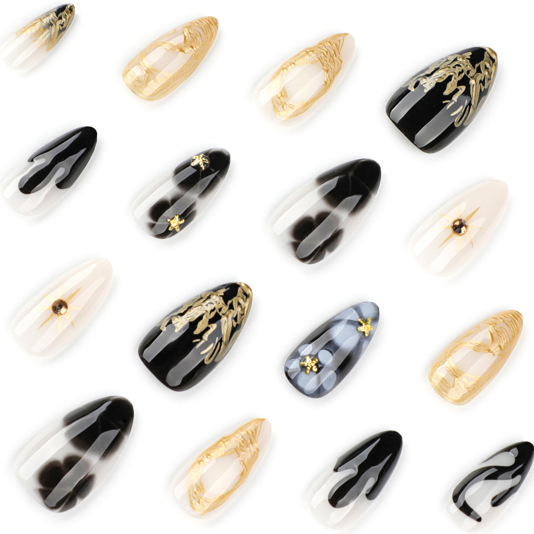 Elegant Stiletto Artificial Nails with Gold Accents and Modern Designs Kalsten