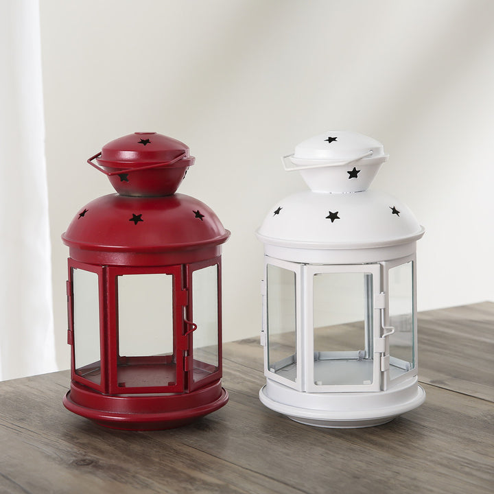 Vintage-Inspired Cylindrical Metal Tea Light Lantern with Star Vent Cutouts and Hinged Glass Door Kalsten