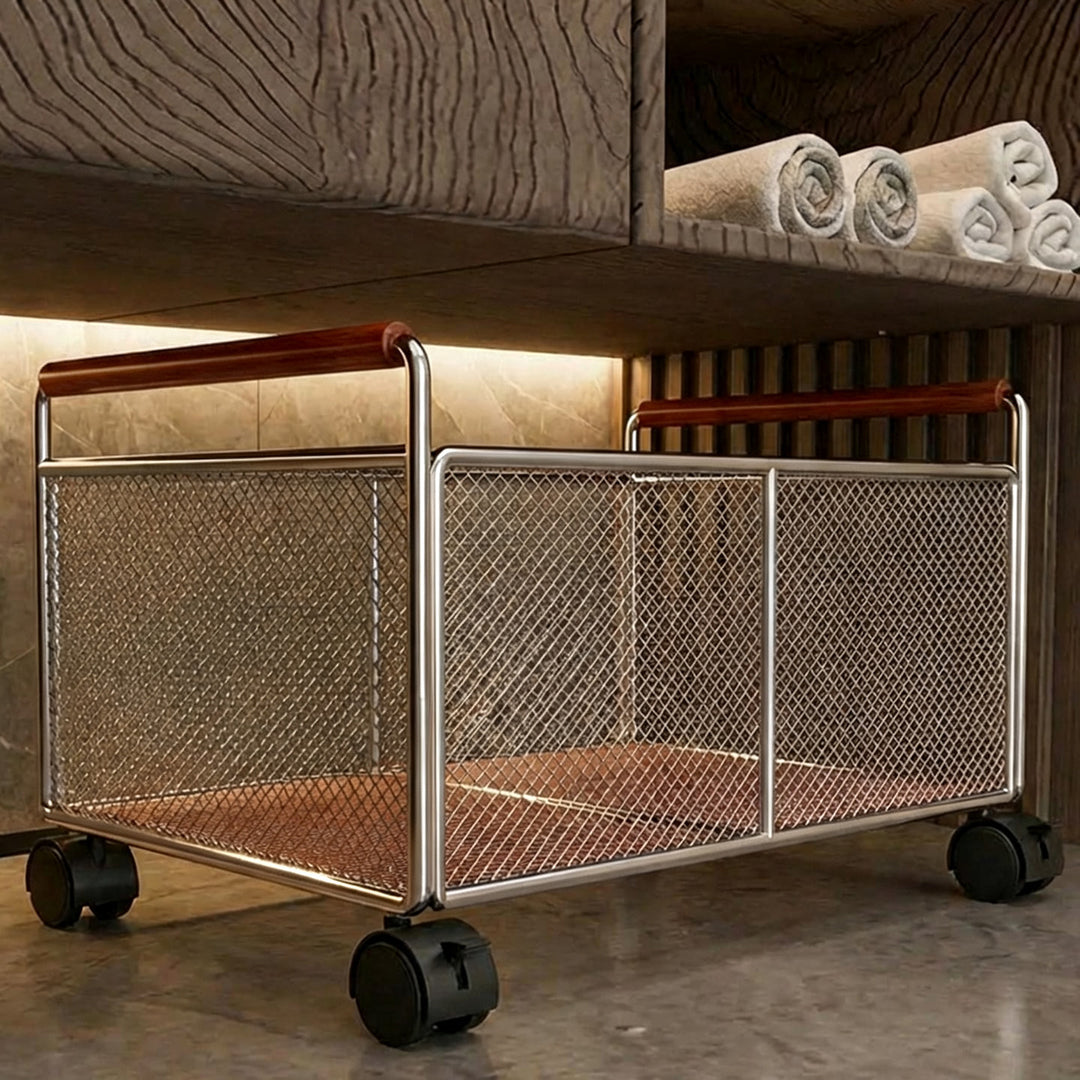 Rectangular Ventilated Metal Mesh Storage Basket with Wooden Grip Handles
