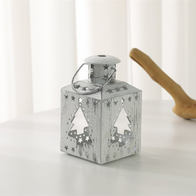 Distressed Shabby-Chic Square Tea Light Lantern with Christmas Tree Cutouts Kalsten