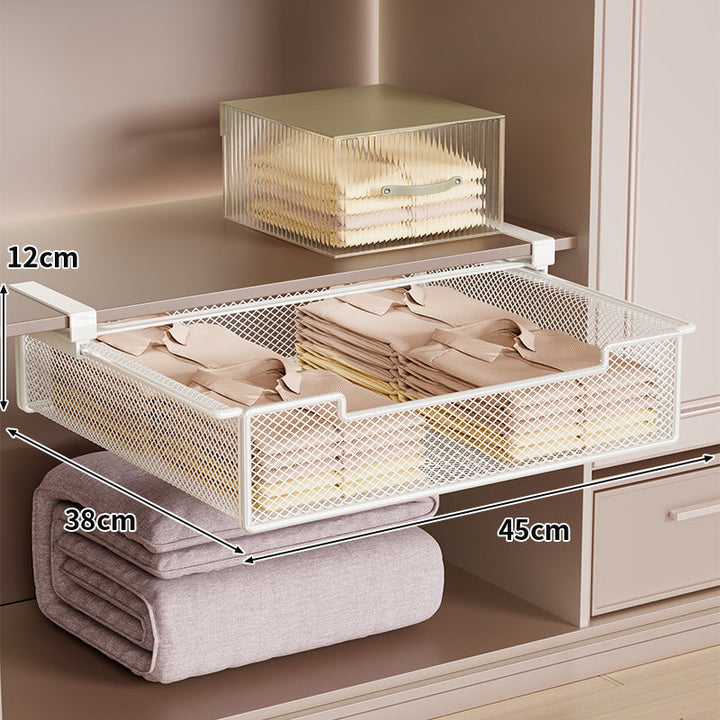 Under-Shelf Sliding Mesh Drawer Organizer with Clip-On Mount and Ventilated Metal Basket