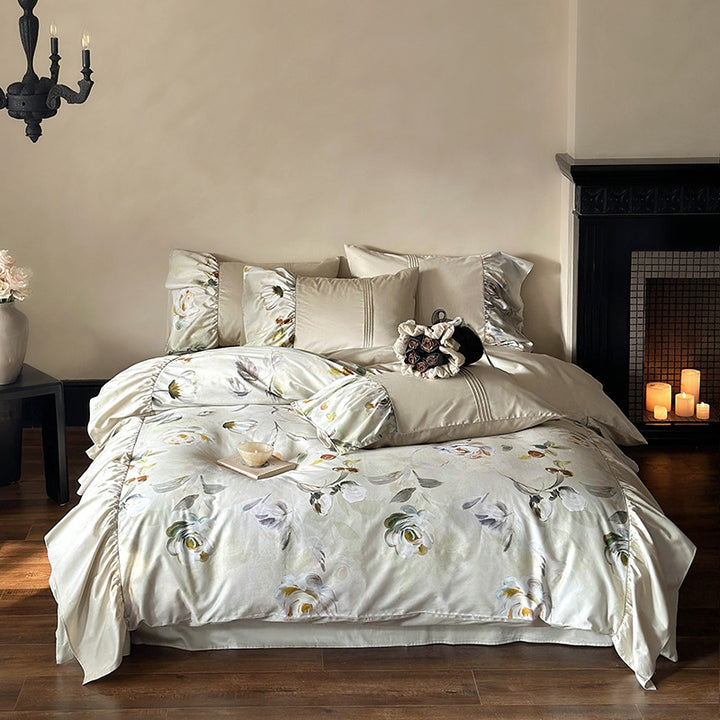 Bedding set made of silky cotton satin with floral watercolor illustration and ruffle