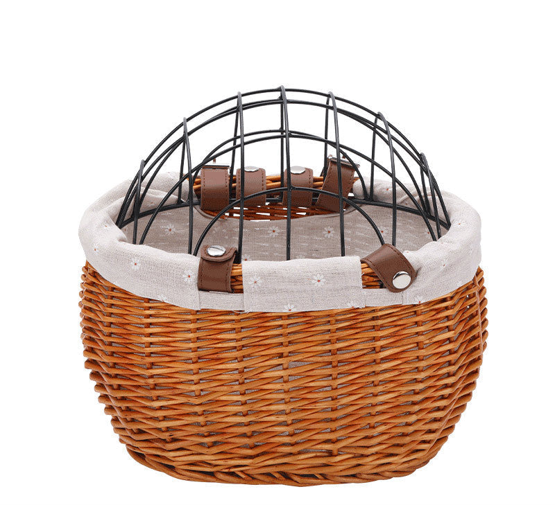 woven rattan pet carrier basket with detachable linen liner and foldable metal safety dome Kalsten