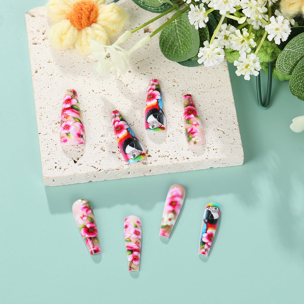 Exquisite Artificial Nails with Colorful Flower and Parrot Design Kalsten
