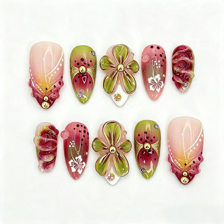 Decorative Floral Press-On Nail Art Set with Three-Dimensional Accents Kalsten