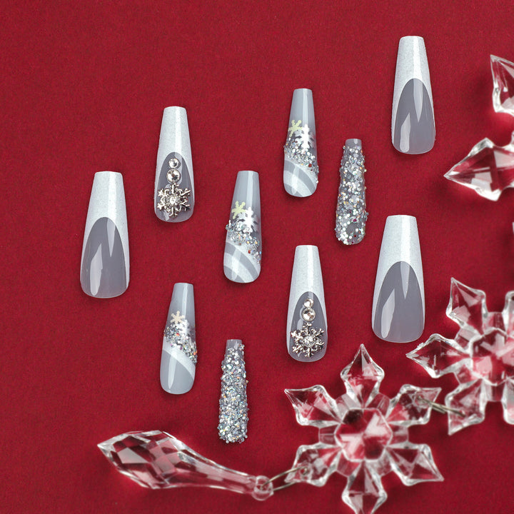 Elegant Artificial Nails with Glitter and Snow Design Kalsten