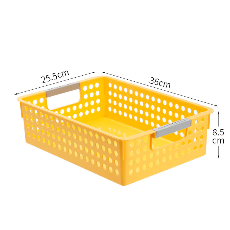 Flat plastic storage box with perforated side wall and grip recesses