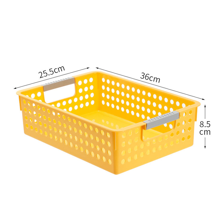 Flat plastic storage box with perforated side wall and grip recesses