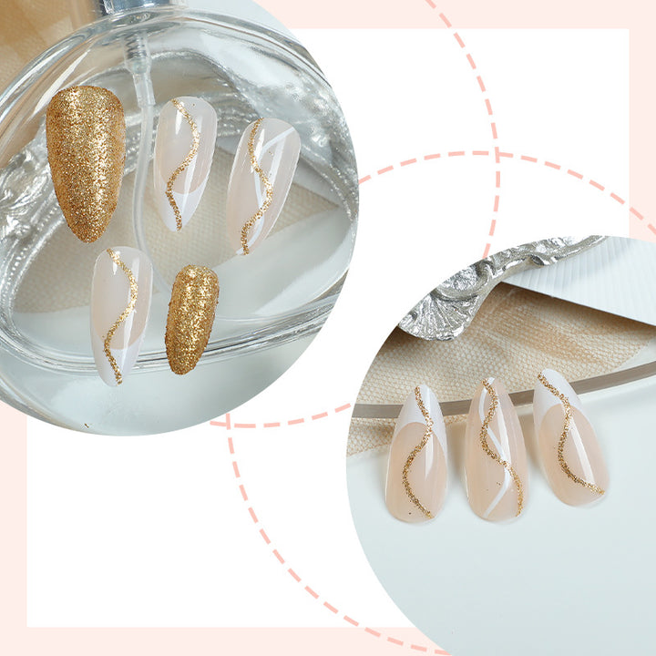 Elegant Press-On Nail Set with Glitter and Gold Swirl Accents Kalsten