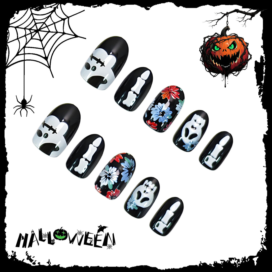 Artificial nail set with spooky Halloween motifs and floral decorations Kalsten