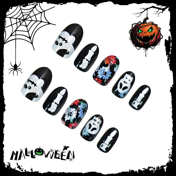 Artificial nail set with spooky Halloween motifs and floral decorations Kalsten