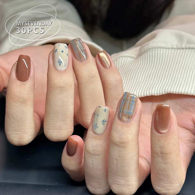 Artistic Press-On Nail Set with Botanical and Plaid Designs Kalsten