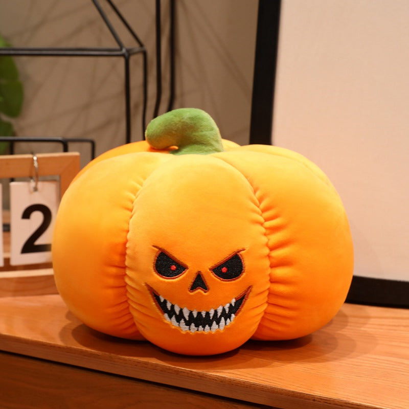 Plush pumpkin decoration figure with witch hat and embroidered spooky face