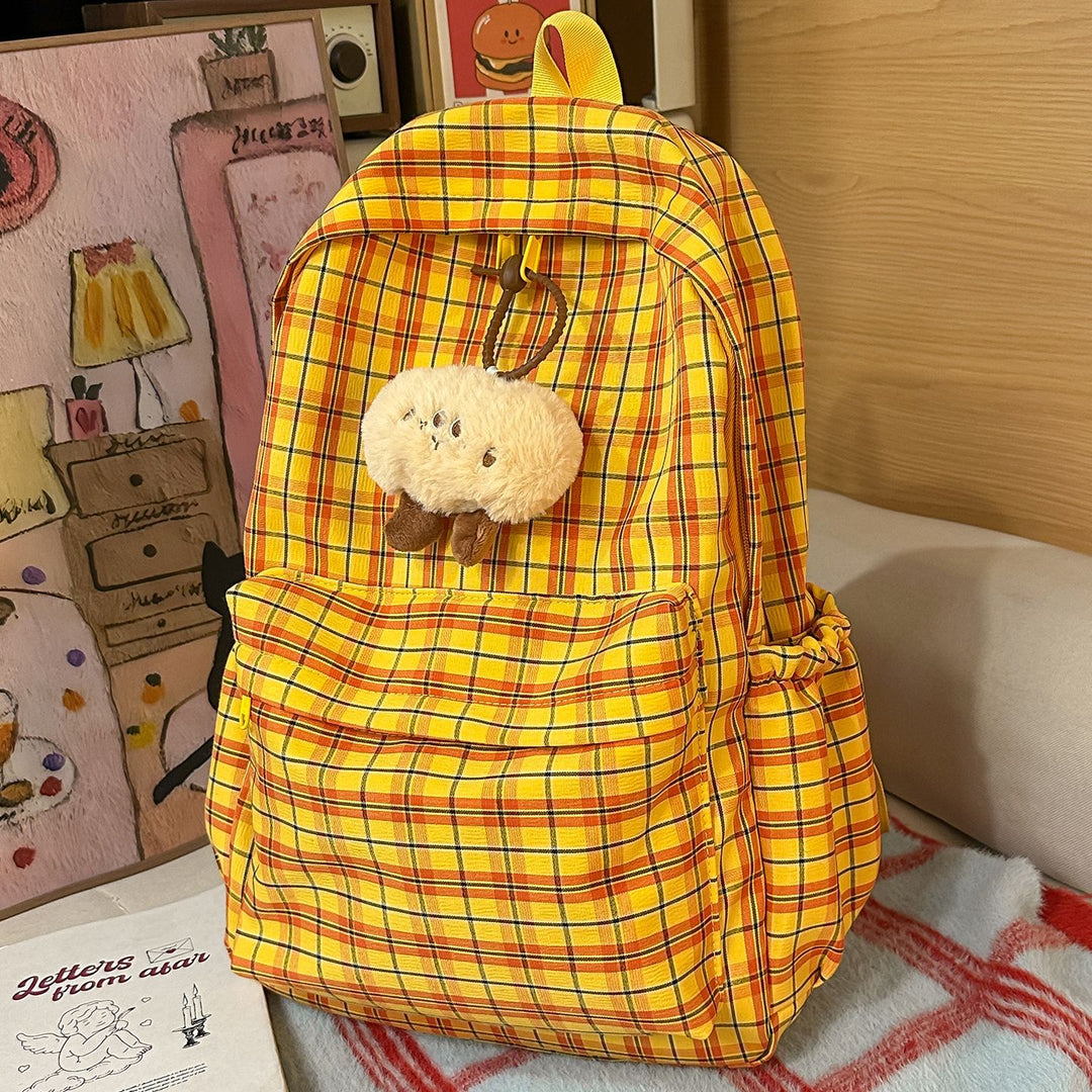 Backpack with Practical Check Pattern and Cute Plush Pendant Kalsten