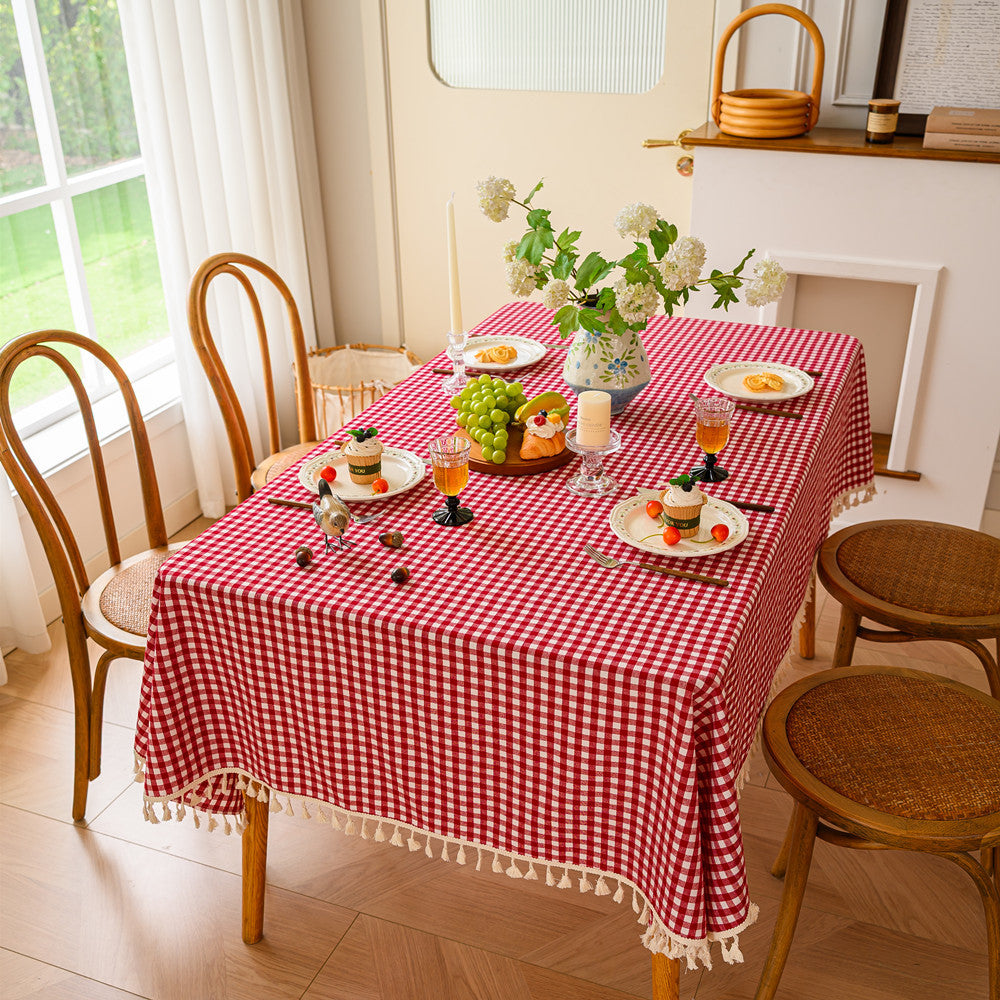 Gingham Patterned Tablecloth with Tassel Trim