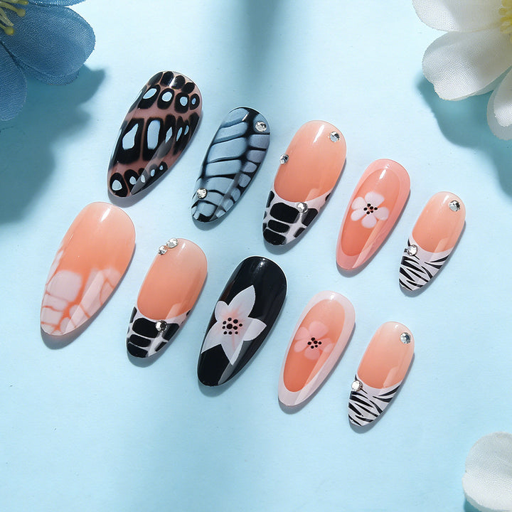 Artistic Press-On Nail Set with Floral and Textured Design Kalsten