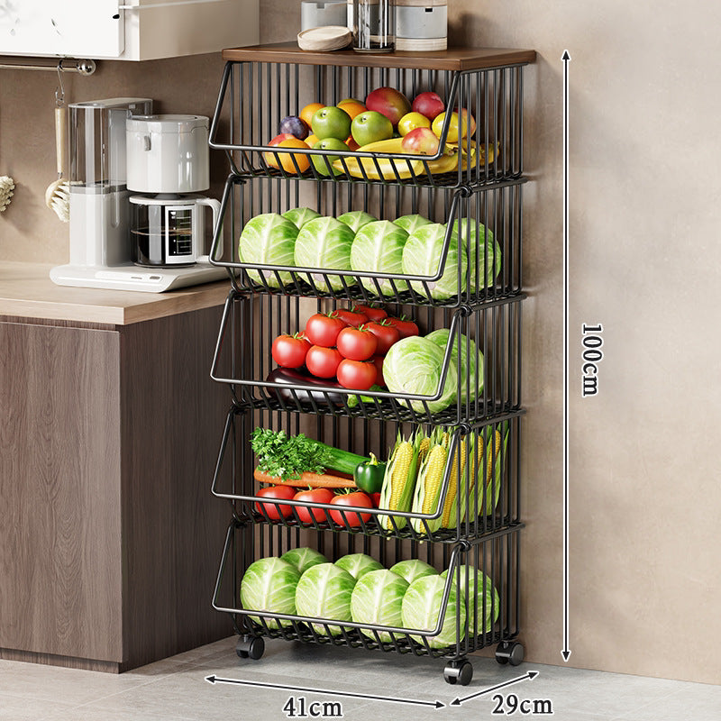 Slim Vertical Rolling Wire Produce and Pantry Organizer Cart with Wood Top
