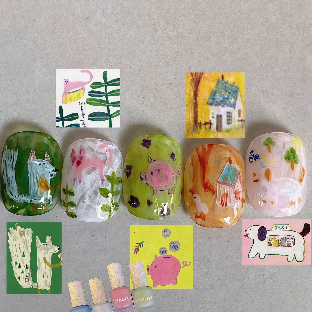 Artistic Cat-Themed Press-On Nail Art Set Kalsten