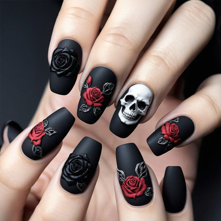 Artistic Skull and Rose Nail Art Extensions Kalsten