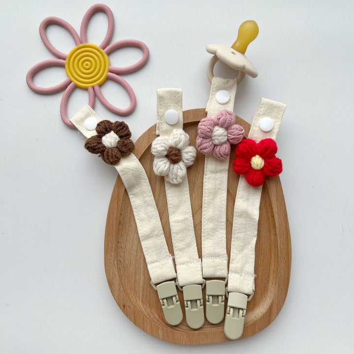 Crochet Flower Pacifier Clip with Cotton Strap
