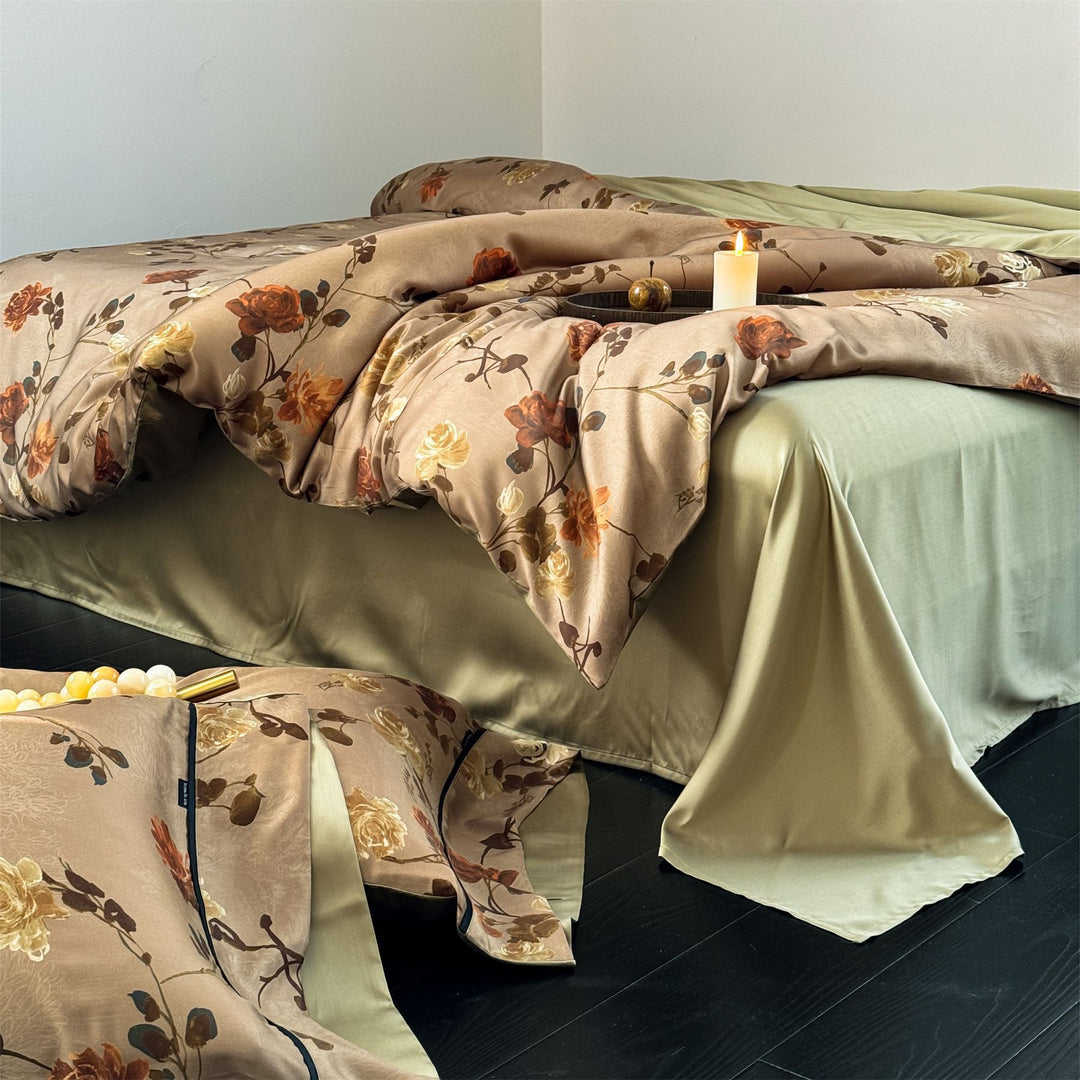 Designer bedding set in toile style with ruffle and silky matte cotton satin