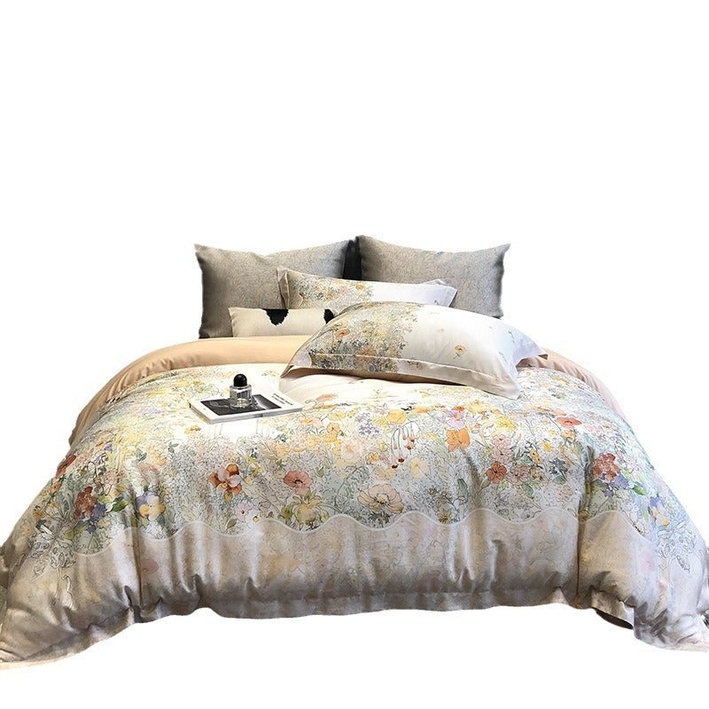 Duvet cover set made of cotton satin with subtle watercolor flower print and silky-matte texture