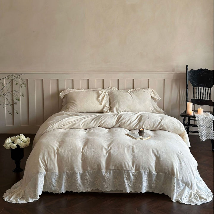 High-quality linen bedding set with floral lace border and ruffle