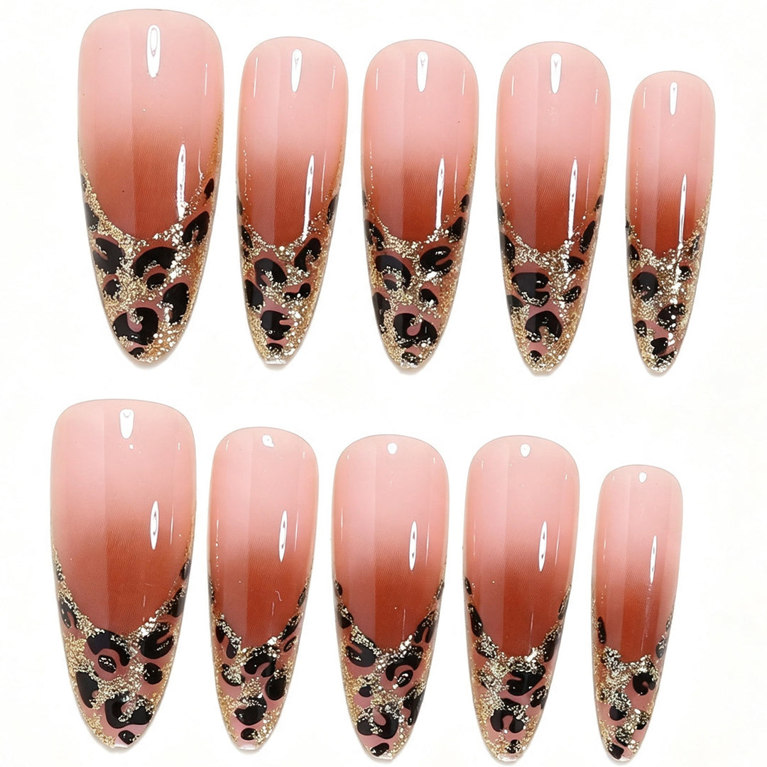 Elegant Stiletto Nail Art Set with Gold and Leopard Accents Kalsten