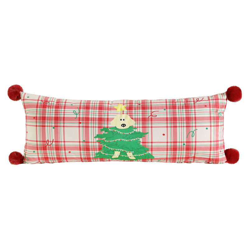 Long decorative lumbar and neck pillow in Christmas check with pompom and dog-tree motif Kalsten