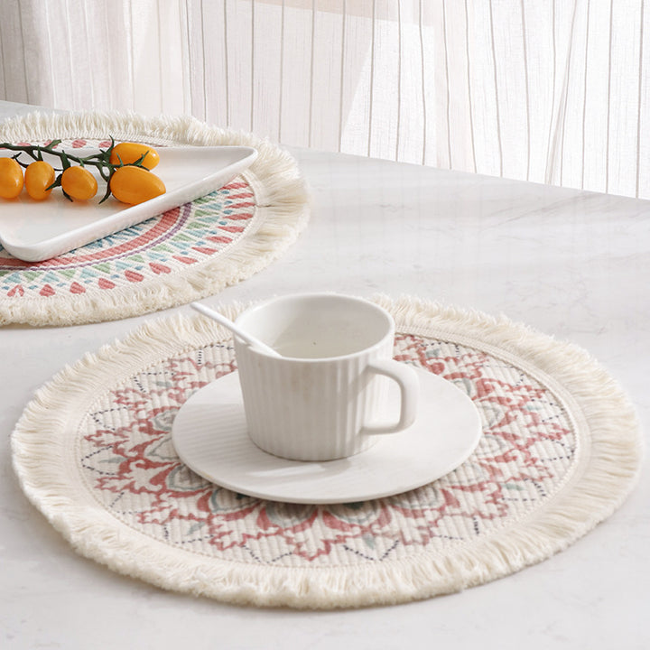 Round flat-woven cotton rug with mandala design and decorative fringes Kalsten