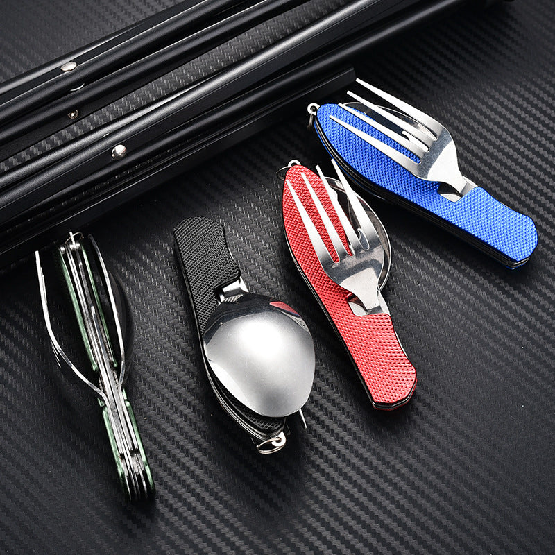 folding stainless steel camping cutlery set with textured grip locking hinge and compact travel clip Kalsten