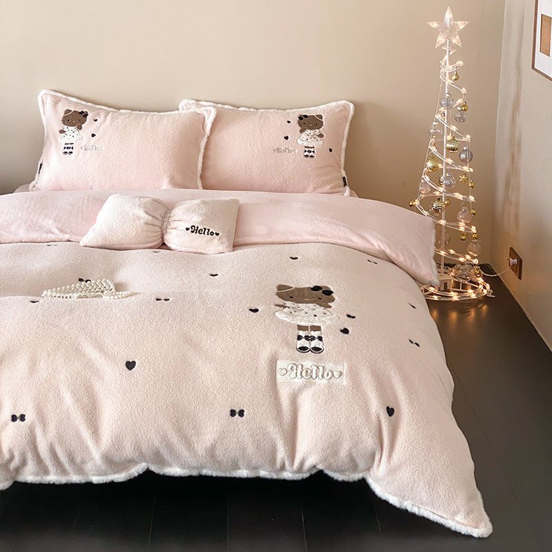 cozy plush bedding set with bear embroidery