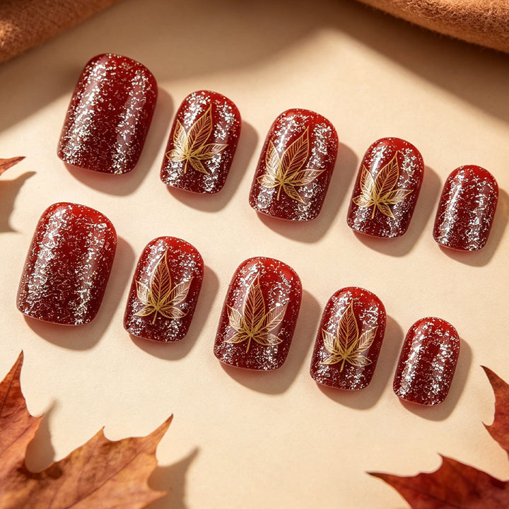 Artistic Leaf-Embellished Nail Art Design Kalsten