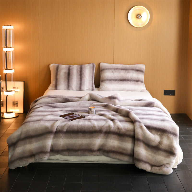 Fluffy faux fur bedding set with horizontal stripe relief
